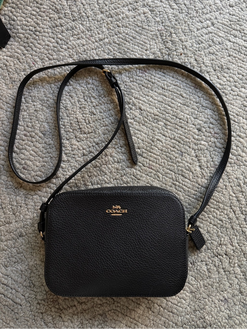 Coach Black Pebbled Leather Camera Bag with Gold Logo